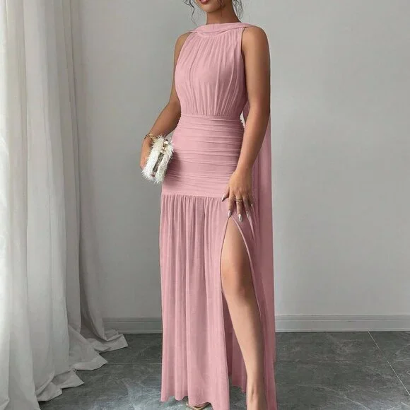 Pink Casual Women's Elegant Backless Pleated Slit Dress - Picture 5 of 6